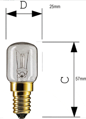 Oven lamp, 300 C, 40 W, 240 V, E14, service life 1000 hours